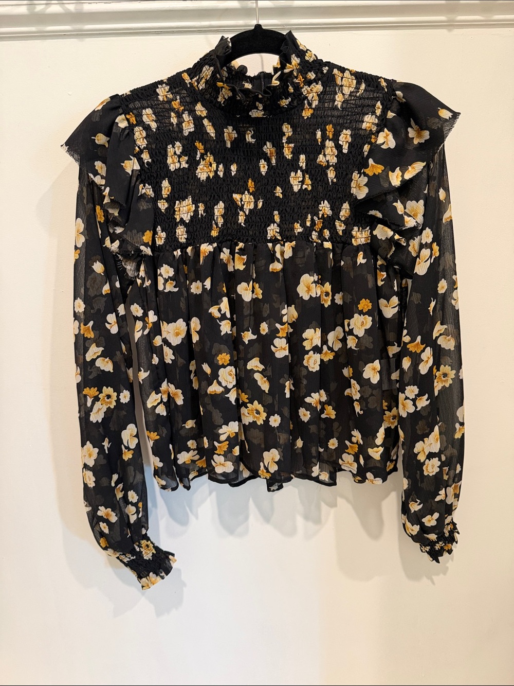 Black Floral Smocked High-Neck Blouse with Ruffle Shoulders